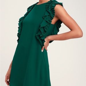 LULUS We Got The Pleat Dark Green Statement Sleeve Shift Dress XS